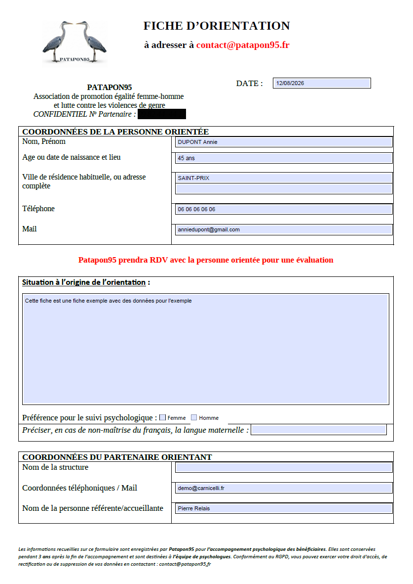 Exemple de fiche d'orientation Relais préremplie